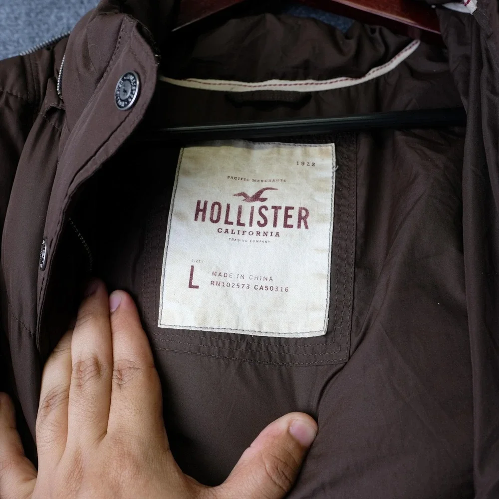 Y2K Hollister Jacket Womens Large Brown Puffer Faux Fur Hood Down Cropped Winter